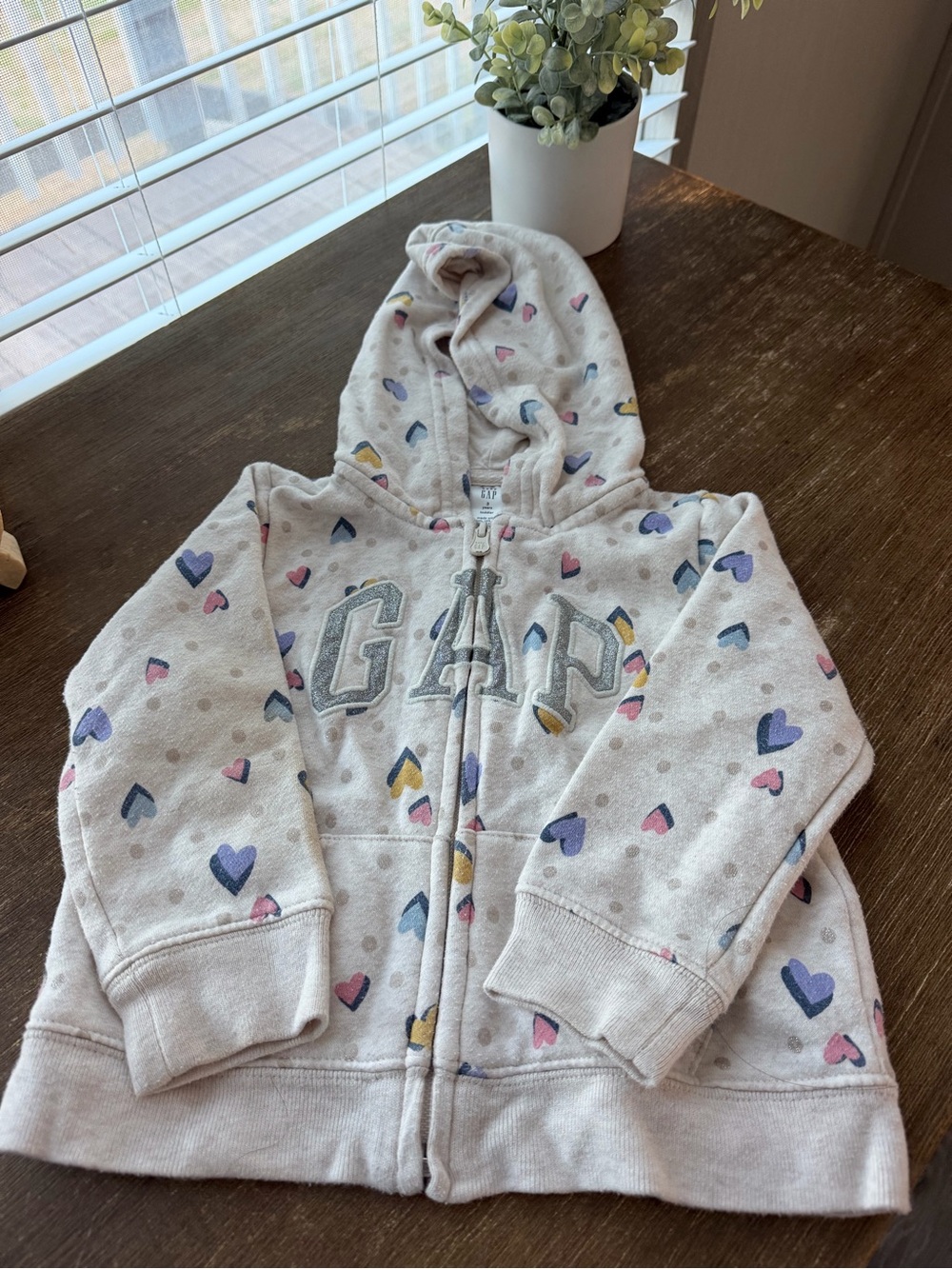 GAP Kids Cream Zip-Up Hoodie with Multicolor Heart Print
